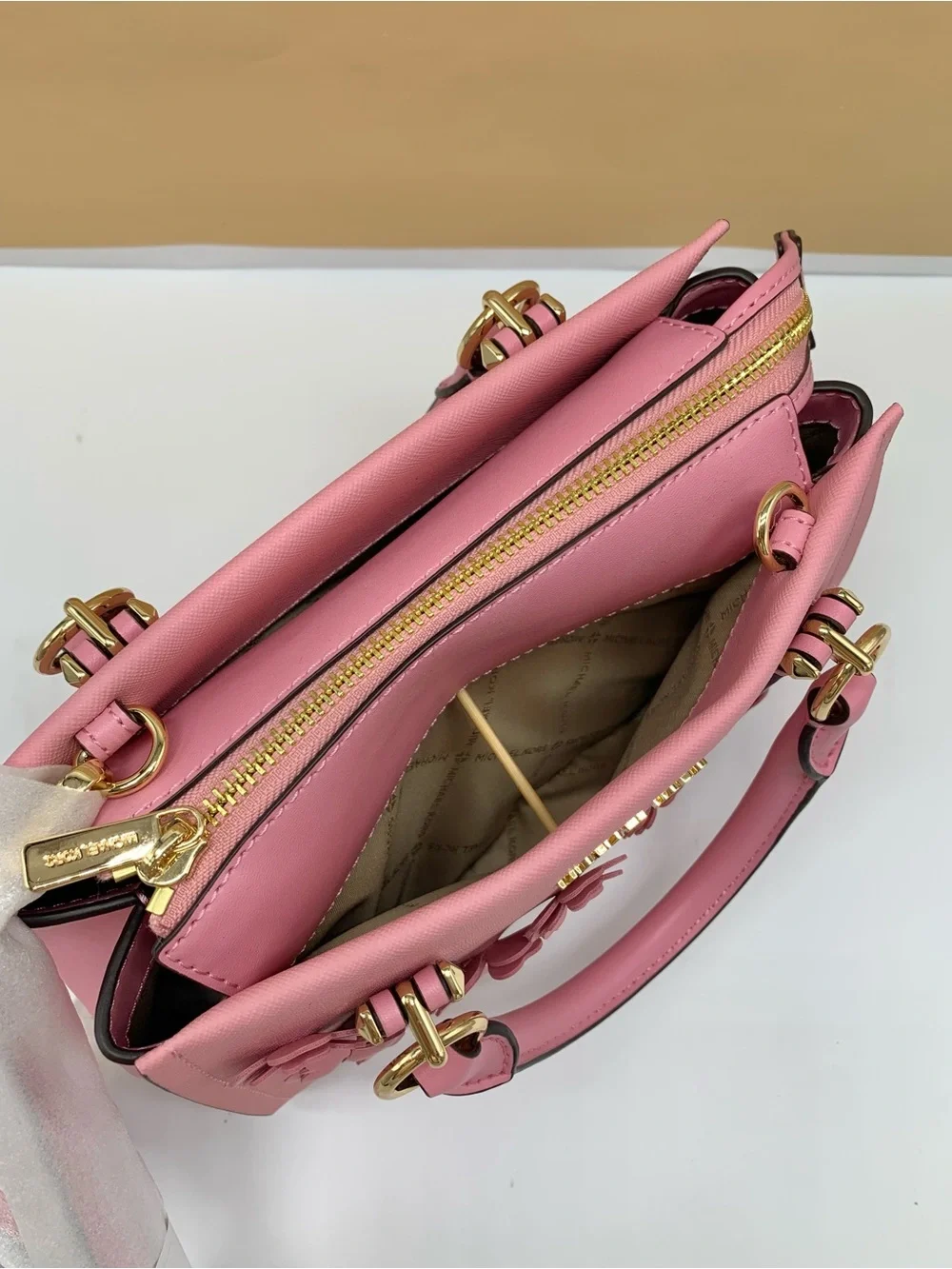 MICHAEL KORS Marilyn small Carnation Floral Applique Satchel with Gold Hardware